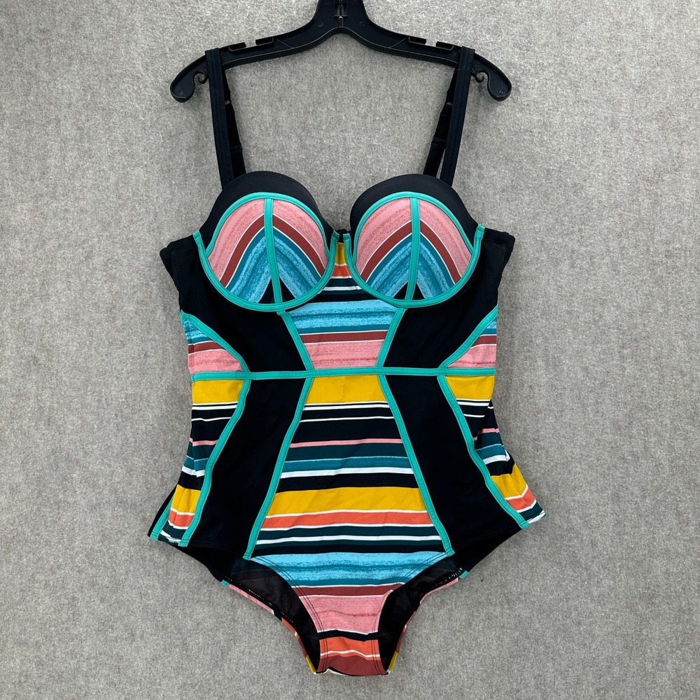 Torrid Swimsuit Women 1X Multi-Color Slim Fix Underwire Piping One-Piece Striped